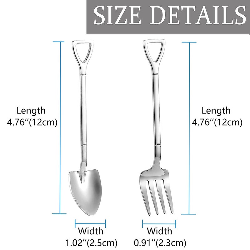 Comicfs Comicf 10 Pcs 4.7 Inches Coffee Spoon Fork, Silver Shovel Shape Dessert Coffee Small Spoon Cocktail Picks Fruit Fork Flatware, Stainless Steel Tea Spoons Set (5 Spoons 5 Forks, Silver) - Image 2